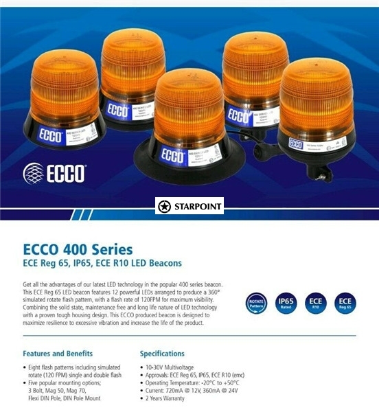 LED Beacon Amber Permanent Mount ECCO 12v 24v 153mm x 143mm Traffic Control