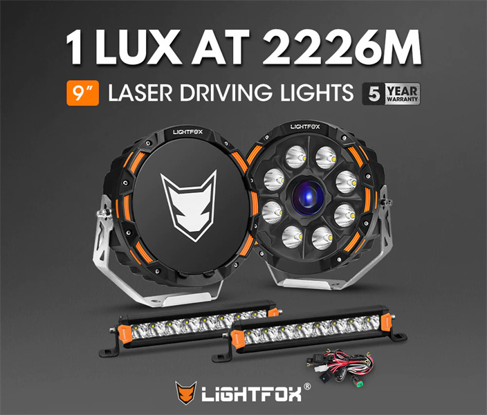 Lightfox 9" Osram Laser LED Driving Lights + 8inch LED Light Pods + Wiring Kit