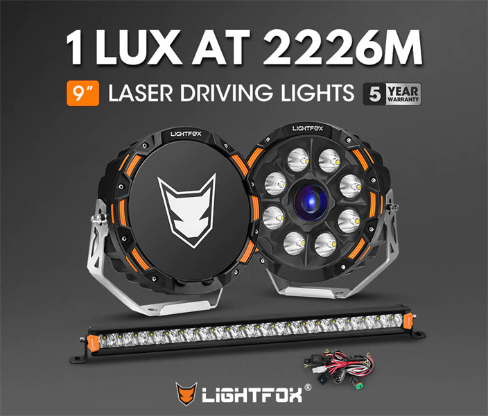 Lightfox 9" Osram Laser LED Driving Lights + 20" Single Row LED Light Bar + Wiring Kit- 5 years warranty