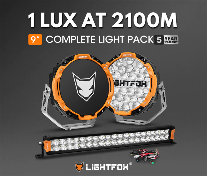 Lightfox 9" Osram LED Driving Lights + 20" Dual Row LED Light Bar + Wiring Kit - 5 Years Warranty