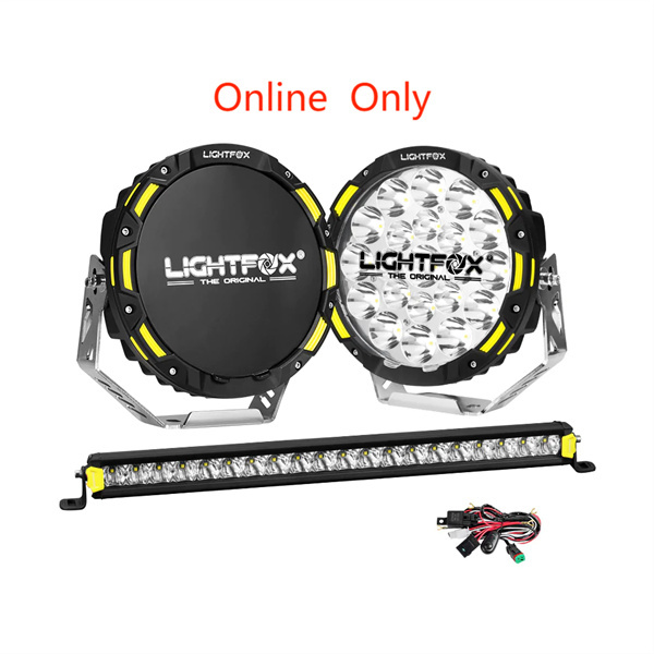 Lightfox Osram 9" LED Driving Lights + 20" Single Row LED Light Bar + Wiring Kit - 5 Years Warranty