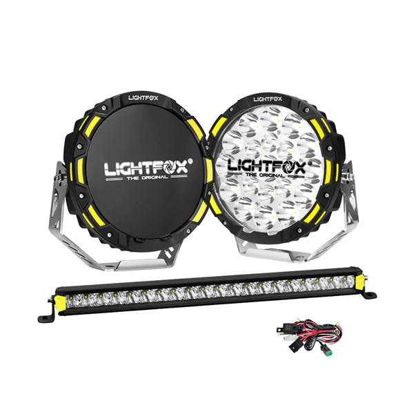 Lightfox Osram 9" LED Driving Lights + 20" Single Row LED Light Bar + Wiring Kit - 5 Years Warranty