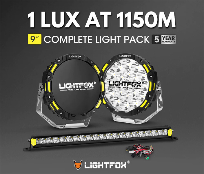 Lightfox Osram 9" LED Driving Lights + 20" Single Row LED Light Bar + Wiring Kit - 5 Years Warranty