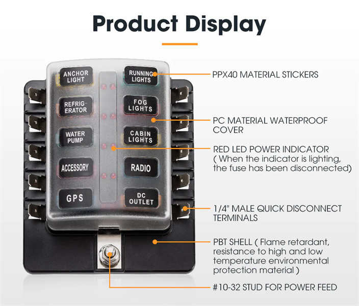 10 Way Blade Fuse Box Fuse Block Holder with Fuses for 12V/24V Car Marine