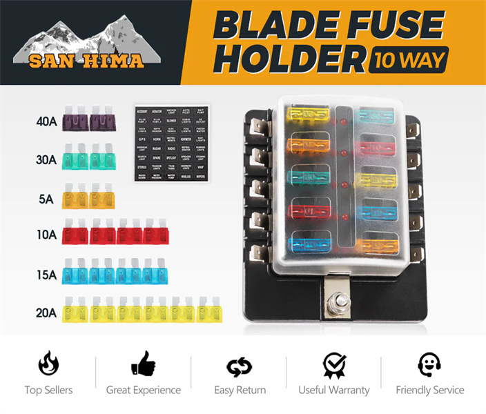 2x 10 Way Blade Fuse Box Fuse Block Holder with Fuses for 12V/24V Car Marine