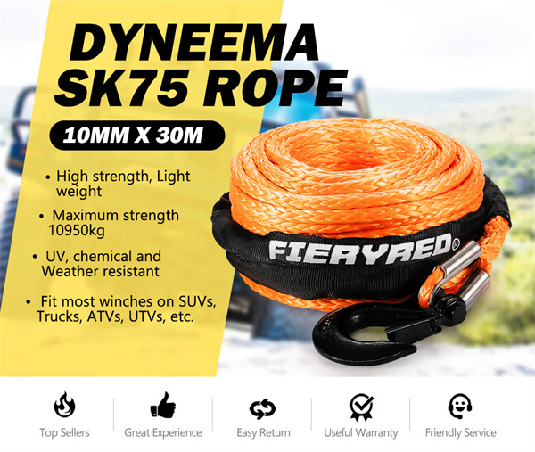 Synthetic Winch Rope 10MM x 30M Dyneema SK75 Tow Recovery Rope Orange 4WD - 2 Year Warranty