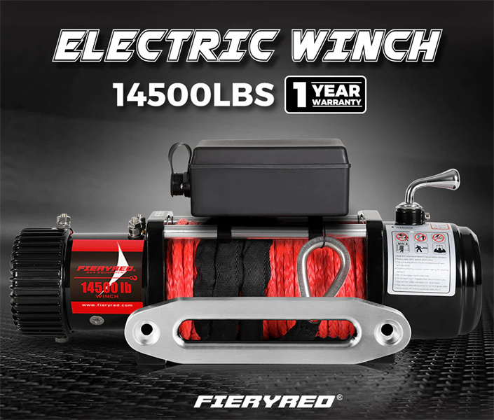 Fieryred 14500LBS 12V Synthetic Rope Electric Winch with Cradle - 1 Year Warranty