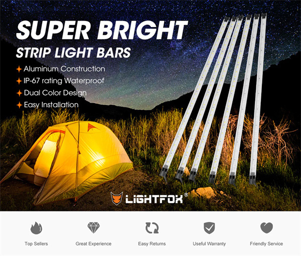 Lightfox 6PCS 12V LED Strip Light Bar Waterproof Amber White Lights Camping Boat - 2 years Warranty