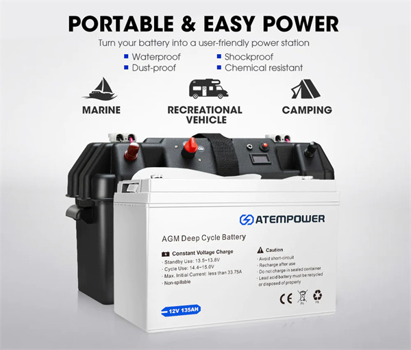 Atem Power 12V 135Ah AGM Deep Cycle Battery + 12V 40A DC to DC Battery Charger + Battery Box