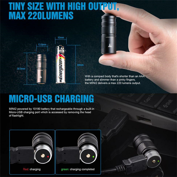 TrustFire MINI2 220 LM Keychain Flashlight USB Rechargeable, Keyring Torch