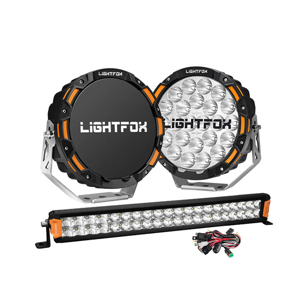Lightfox Osram 9" LED Driving Lights + 20" Dual Row LED Light Bar + Wiring Kit - 5 Years Warranty