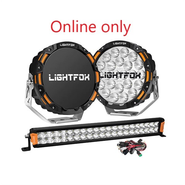 Lightfox Osram 9" LED Driving Lights + 20" Dual Row LED Light Bar + Wiring Kit - 5 Years Warranty