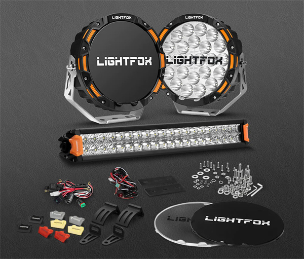 Lightfox Osram 9" LED Driving Lights + 20" Dual Row LED Light Bar + Wiring Kit - 5 Years Warranty