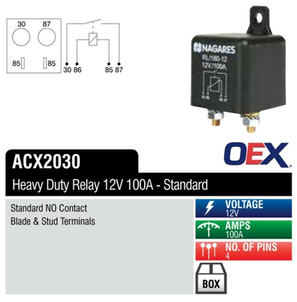 Heavy Duty 100 Amp Relay 12 Volt - Blade & Stud Terminals- NO Contacts