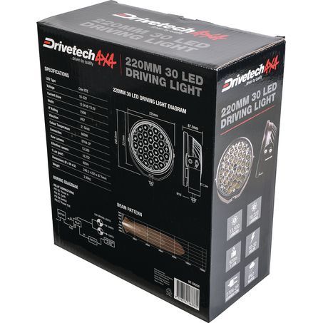 Drivetech 4X4 220mm Round LED Driving Light, Black Powder Coated - 3 Year Warranty