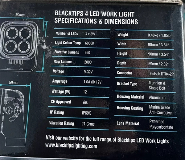 Blacktips 4 LED Work Light 60° Wide Flood Beam 12v 24v Marine Grade Lighting