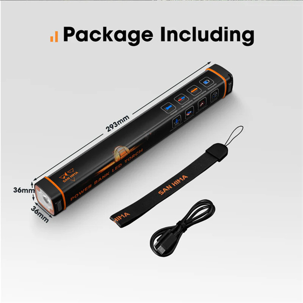 San Hima LED Torch Light Large Power Bank Flashlight Lithium USB Rechargeable - 1 Year Warranty