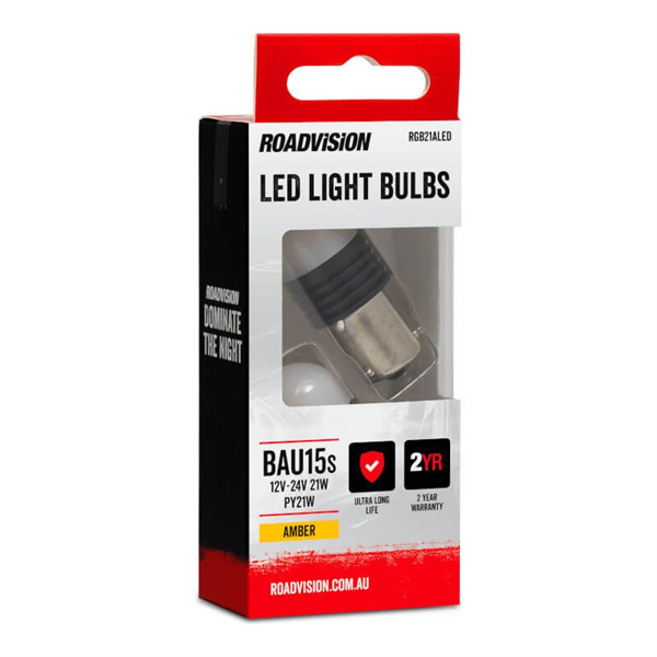 Roadvision LED Bayonet 12V-24V 21W BAU15S PY21W Amber 2PK Signal Globes- 2 Years Warranty