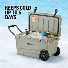 55QT Wheeled Rotomolded Cooler with foad-down Aluminum Handle – Factory-Direct Heavy-Duty Ice Box for Outdoor Adventures