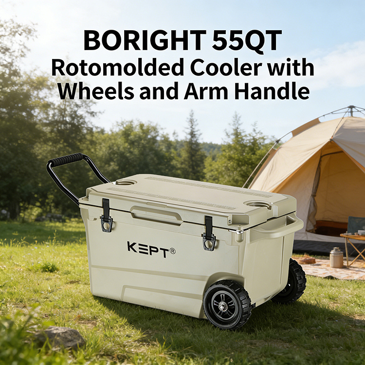 55QT Wheeled Rotomolded Cooler with foad-down Aluminum Handle – Factory-Direct Heavy-Duty Ice Box for Outdoor Adventures