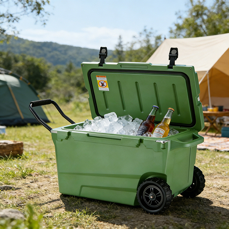 55QT Wheeled Rotomolded Cooler with foad-down Aluminum Handle – Factory-Direct Heavy-Duty Ice Box for Outdoor Adventures
