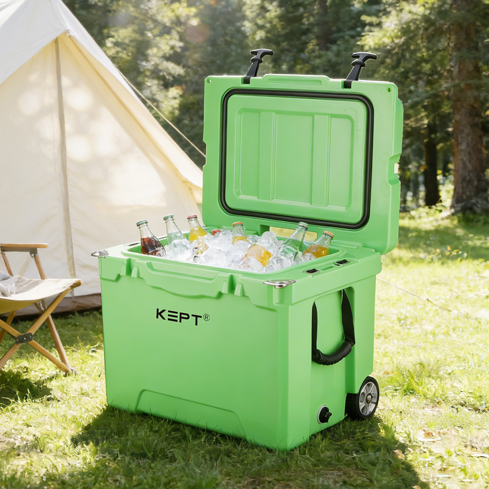 42QT Heavy Duty Rotomolded Cooler Box with Aluminum Telescopic Handle and Wheels Portable Hard Ice Chest for Outdoor Adventures