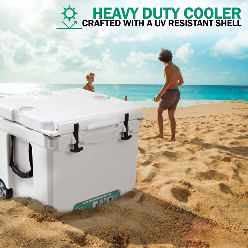 42QT Heavy Duty Rotomolded Cooler Box with Aluminum Telescopic Handle and Wheels Portable Hard Ice Chest for Outdoor Adventures
