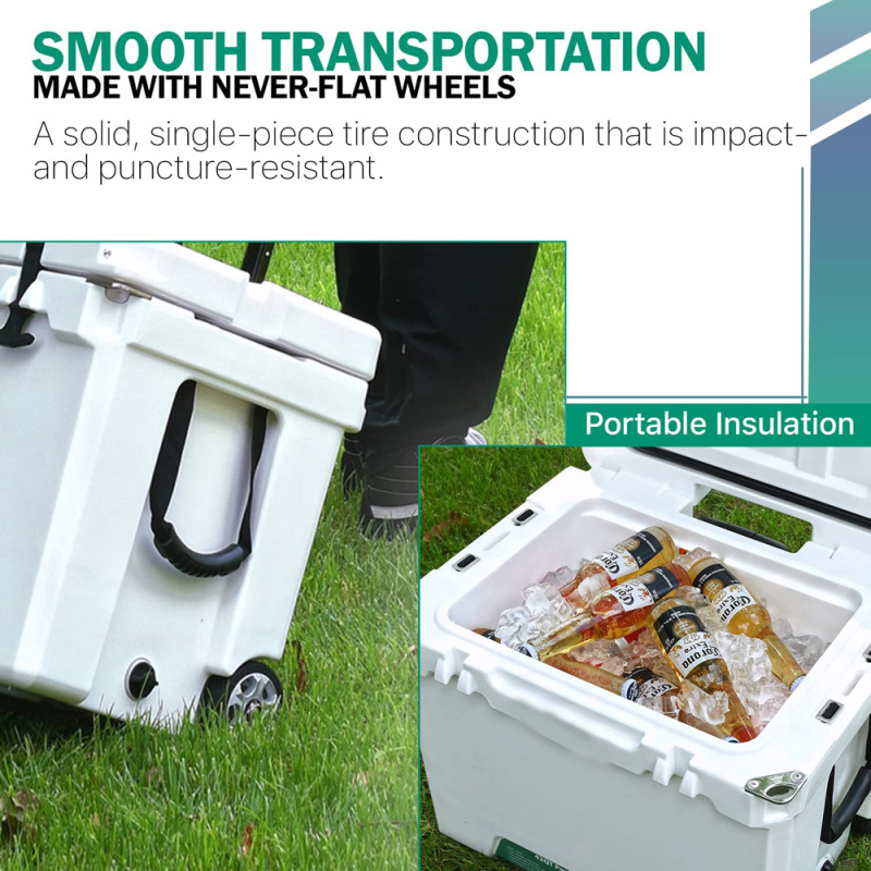 42QT Heavy Duty Rotomolded Cooler Box with Aluminum Telescopic Handle and Wheels Portable Hard Ice Chest for Outdoor Adventures