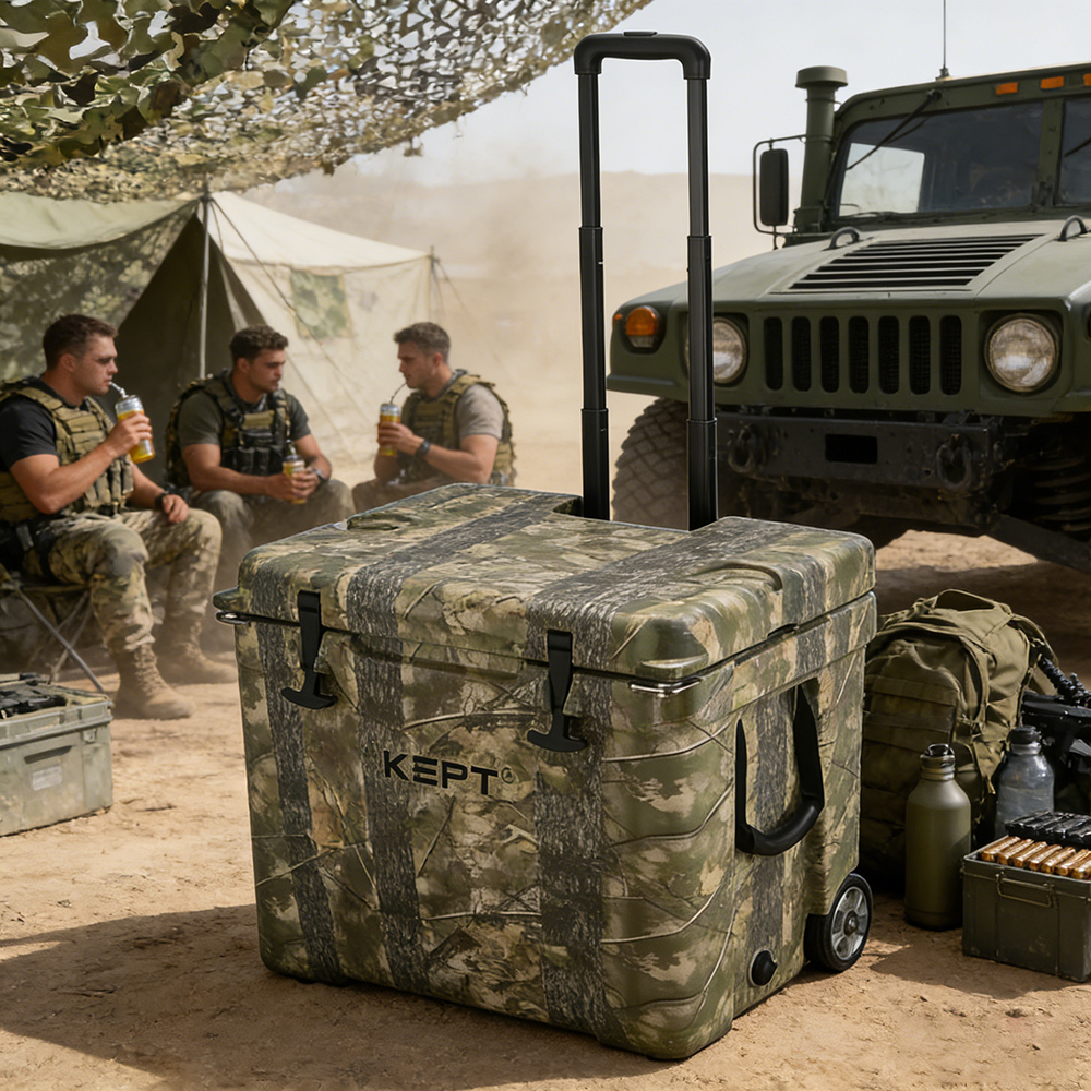 42QT Heavy Duty Rotomolded Cooler Box with Aluminum Telescopic Handle and Wheels Portable Hard Ice Chest for Outdoor Adventures