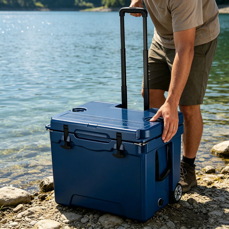 42QT Heavy Duty Rotomolded Cooler Box with Aluminum Telescopic Handle and Wheels Portable Hard Ice Chest for Outdoor Adventures