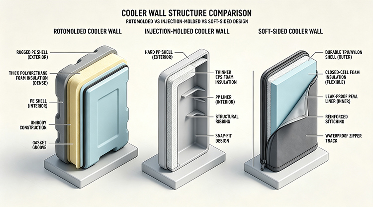 Comparison of rotomolded, injection-molded, and soft-sided coolers