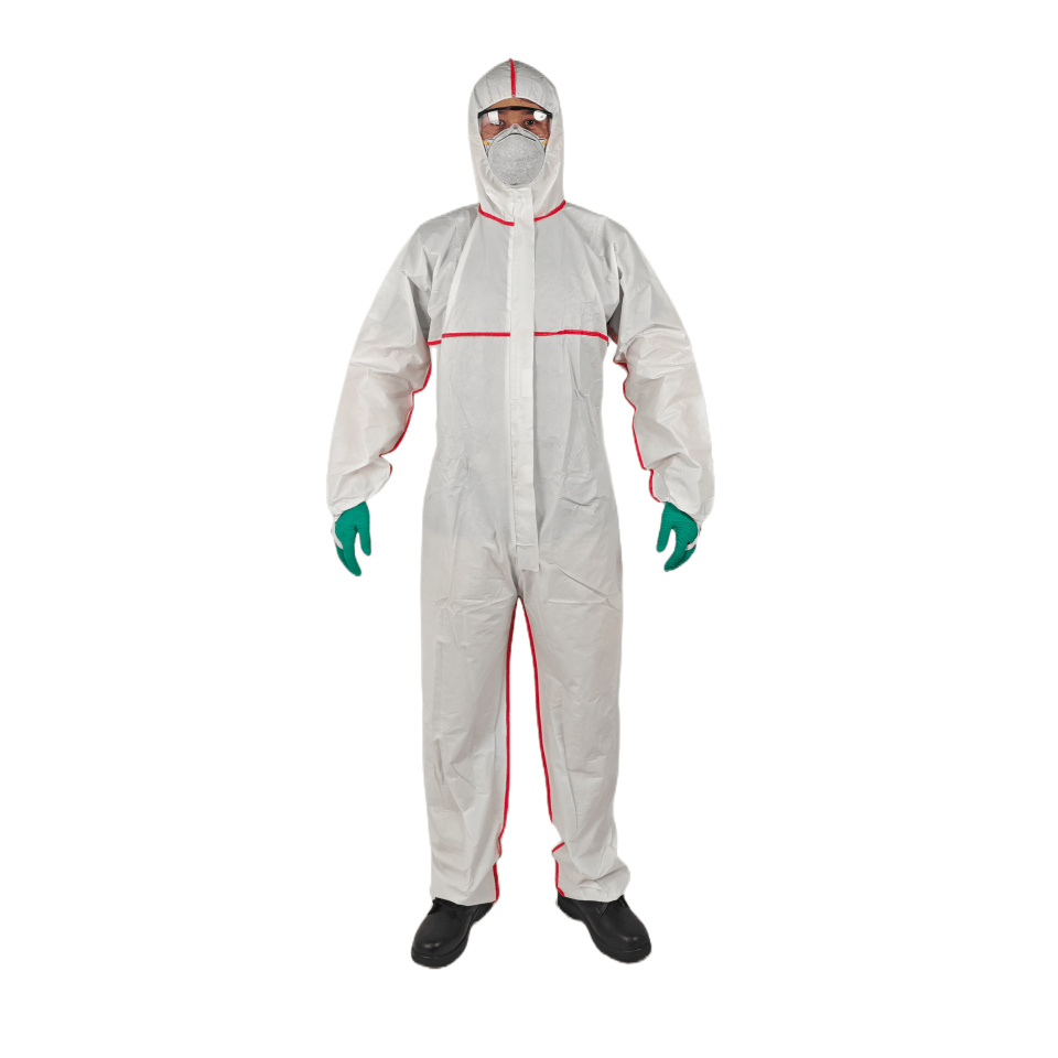 Classic Hooded Nonwoven SMS Coverall with Red Tape Sealed Seams.