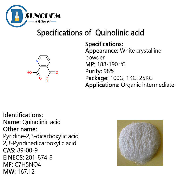 High quality Quinolinic acid / Pyridine-2,3-dicarboxylic acid cas 89-00-9 in factory