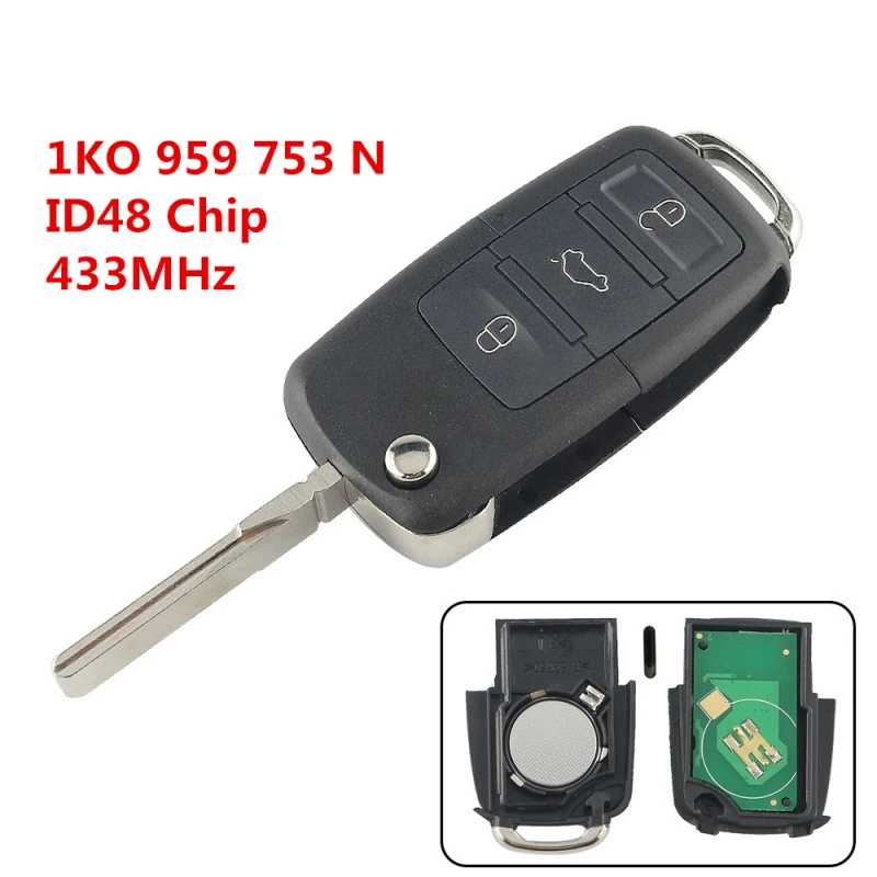 For VW 1KO959753N with 433Mhz ID48 Chip flip remote key