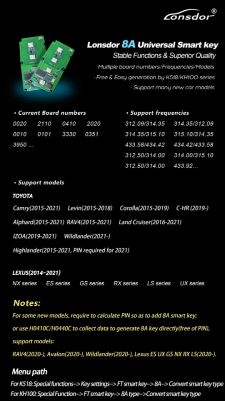 Lonsdor 8A Universal Smart Key circuit board for Toyota Lexus work for K518 and KH100 programmer