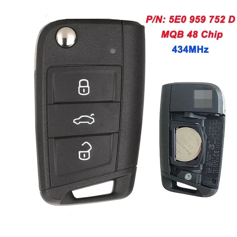 Original VW Skoda 3 button remote key NON-KEYLESS 434MHz with MQB 48 Chip P/N 5E0959752D