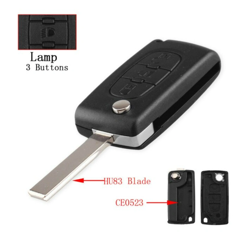 For Peugeot 3 buttons with HU83 407 blade flip remote key shell with light button