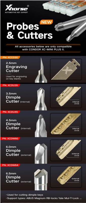 Xhorse XCDU45GL/XCDU35GL/ XCDW60GL/XCDW64GL/XCCD30GL 6.0mm 4.5mm 3.5mm 2.5mm Dimple Cutter External Probe