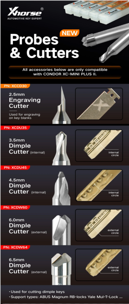 Xhorse XCDU45GL/XCDU35GL/ XCDW60GL/XCDW64GL/XCCD30GL 6.0mm 4.5mm 3.5mm 2.5mm Dimple Cutter External Probe