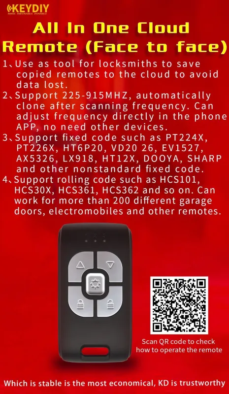 KEYDIY KD Cloud Key All In One Remote Face to Face Copy Remote 225-915 MHZ Supporting Rolling Code and Fixed Code
