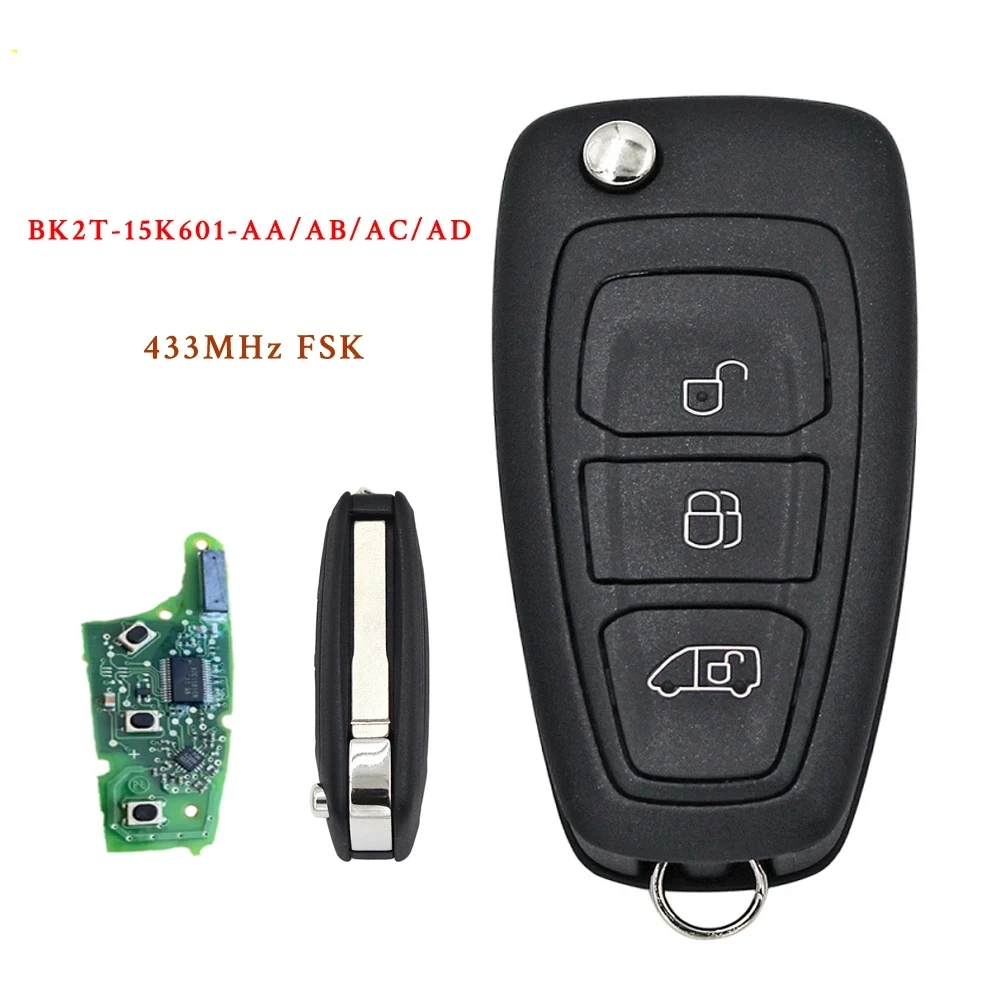 Original PCB + aftermarket shell for Ford Transit Custom with Electronic chip 4D63 433mhz remote key FCCID BK2T-15K601-AA/ AB/ AC