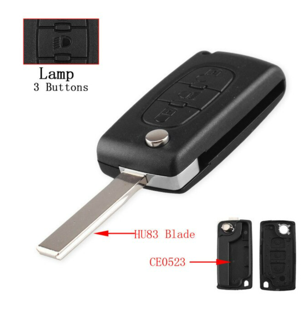 For Peugeot 3 buttons with HU83 407 blade flip remote key shell with light button