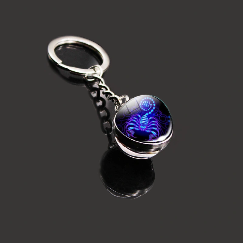 12 Constellation Key Ring Stone Double-Sided Glass Ball Metal Fashion Keychain