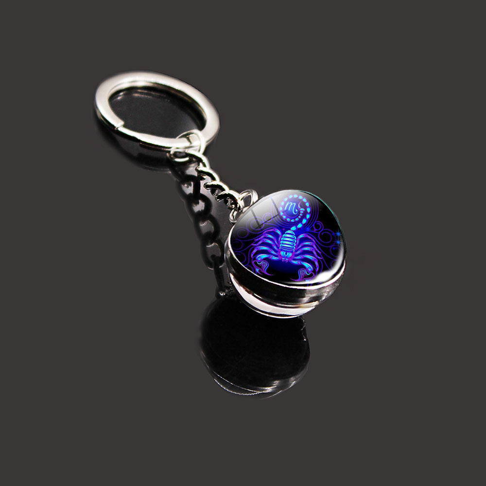 12 Constellation Key Ring Stone Double-Sided Glass Ball Metal Fashion Keychain
