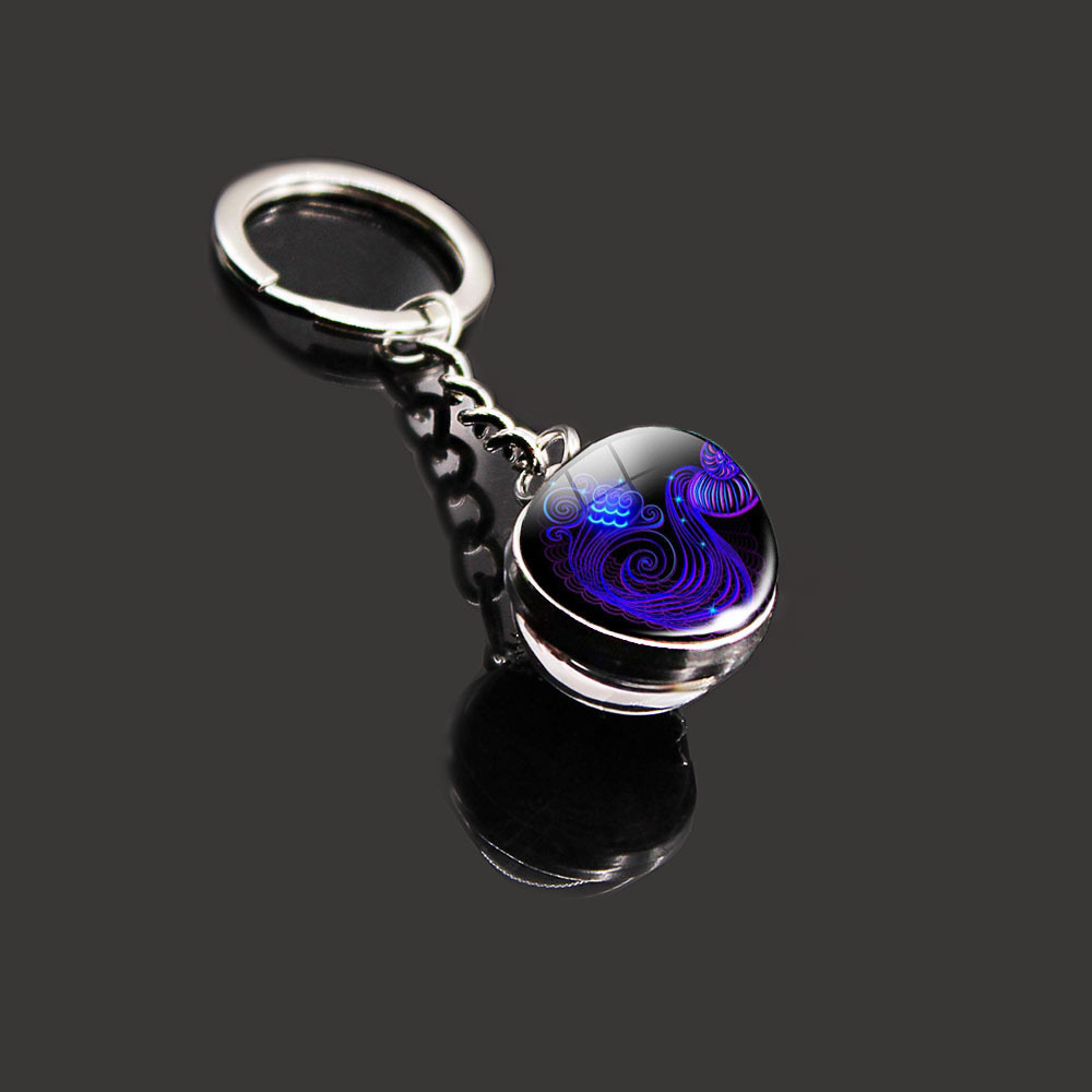 12 Constellation Key Ring Stone Double-Sided Glass Ball Metal Fashion Keychain