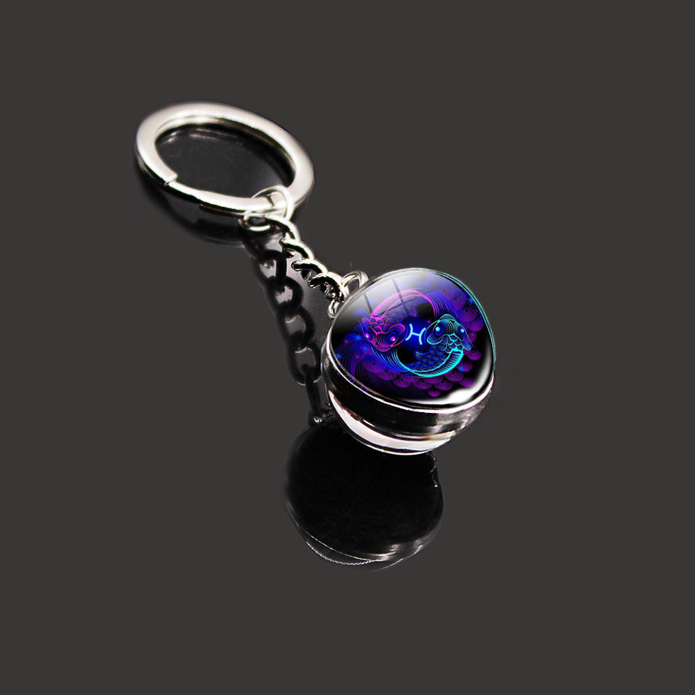 12 Constellation Key Ring Stone Double-Sided Glass Ball Metal Fashion Keychain