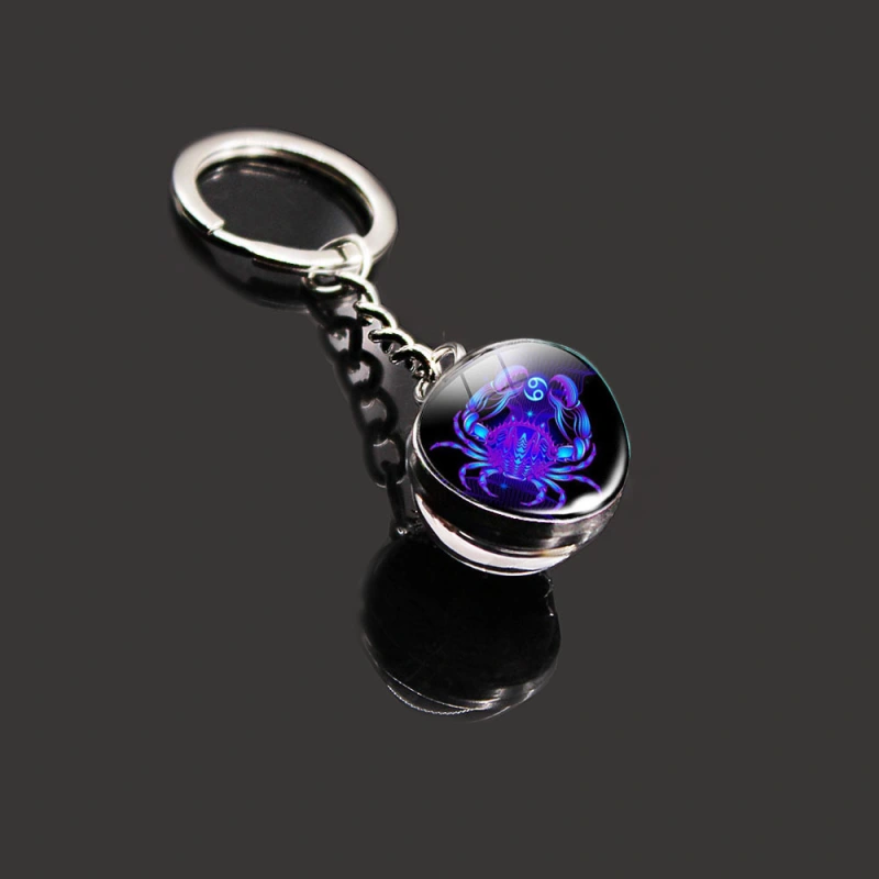 12 Constellation Key Ring Stone Double-Sided Glass Ball Metal Fashion Keychain