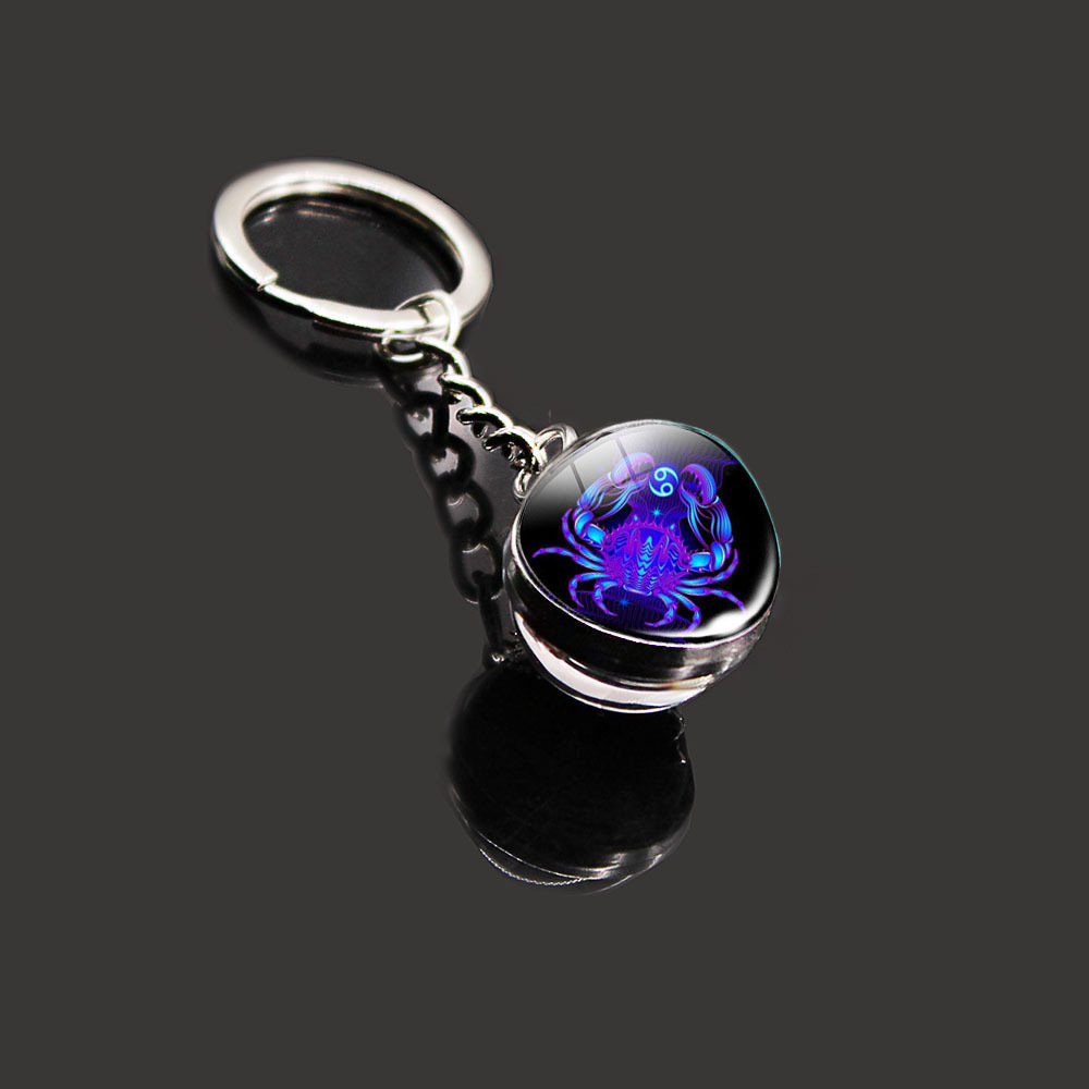 12 Constellation Key Ring Stone Double-Sided Glass Ball Metal Fashion Keychain