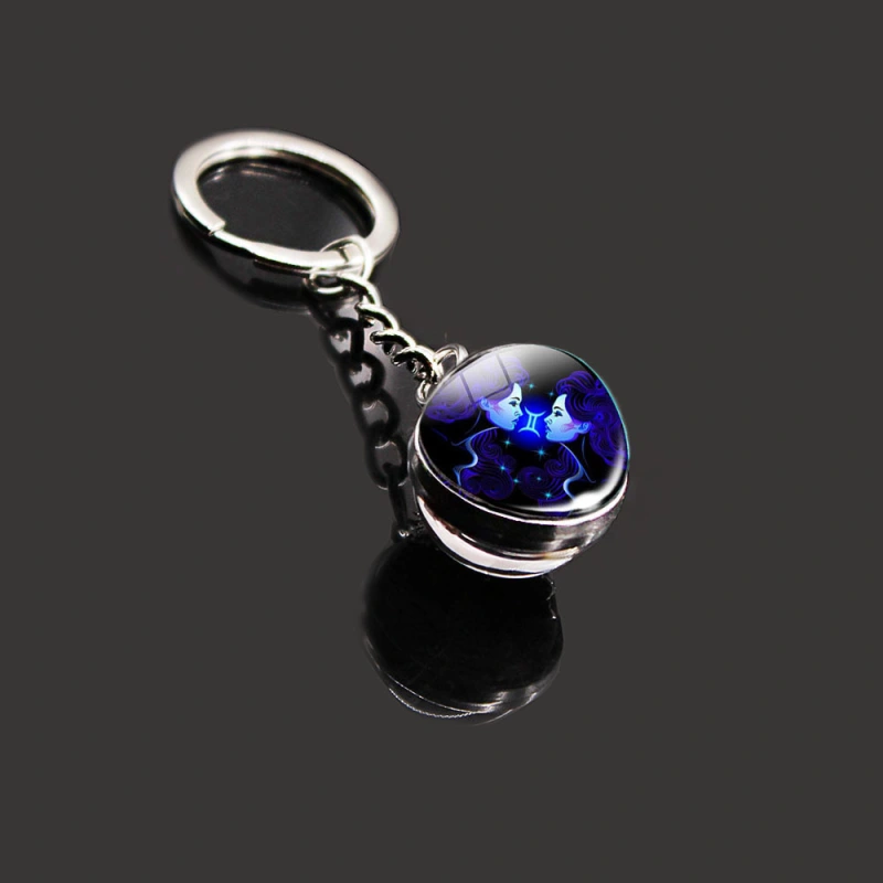 12 Constellation Key Ring Stone Double-Sided Glass Ball Metal Fashion Keychain
