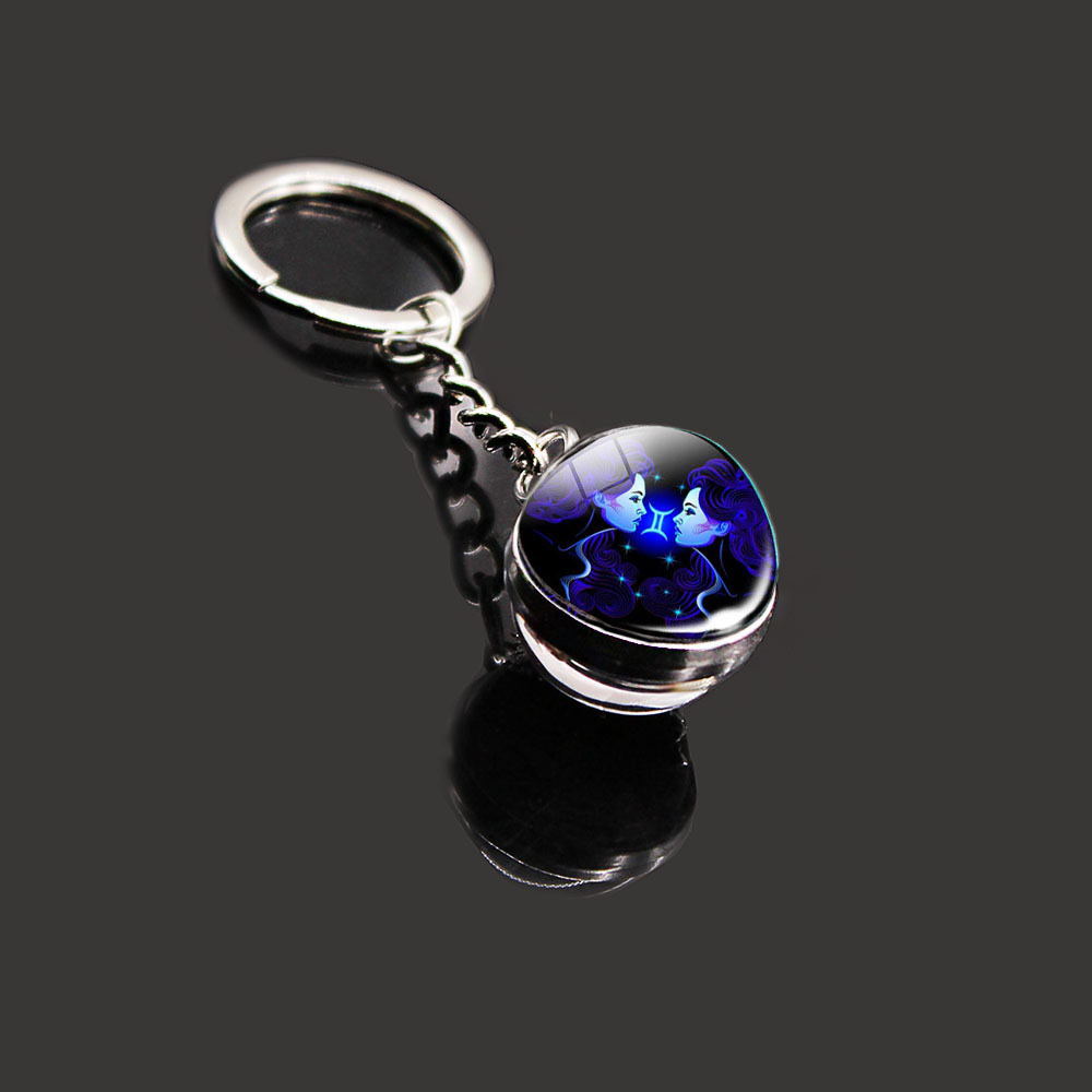 12 Constellation Key Ring Stone Double-Sided Glass Ball Metal Fashion Keychain
